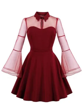 50s Mesh Yoke Flounce Sleeve Flare Dress