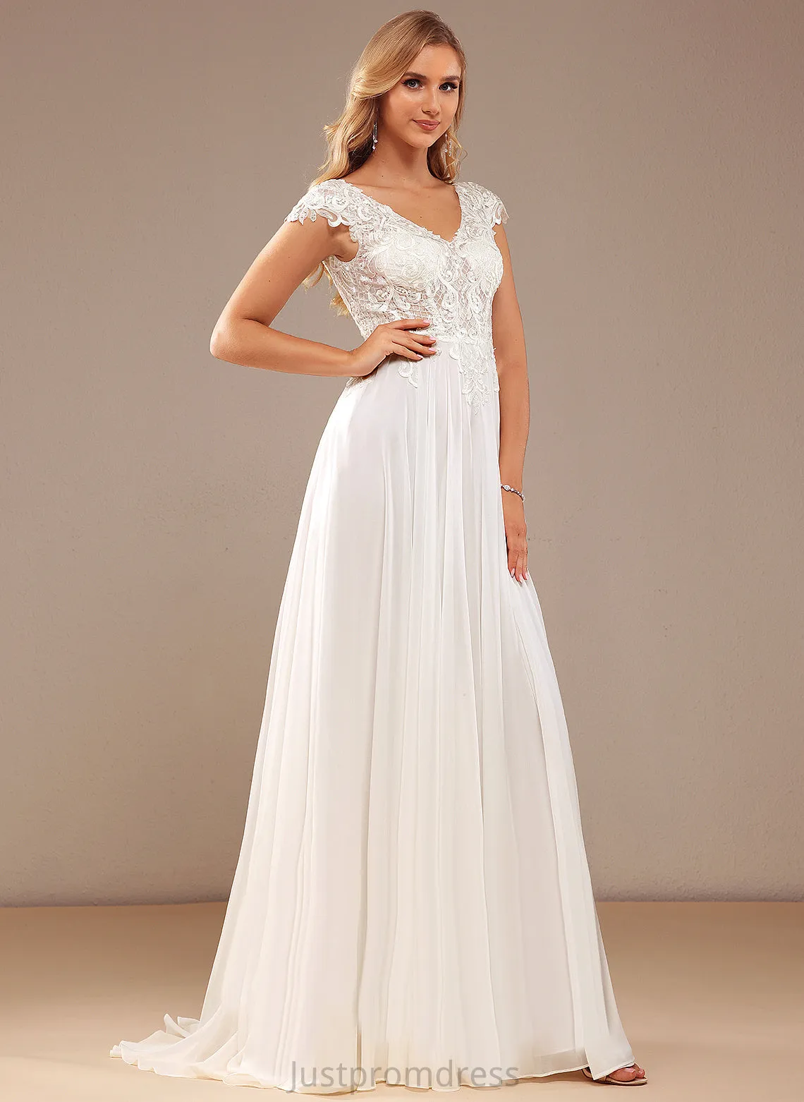 A-Line Wedding Dresses Dress Lace V-neck Chiffon Sweep Arielle Wedding Lace With Train