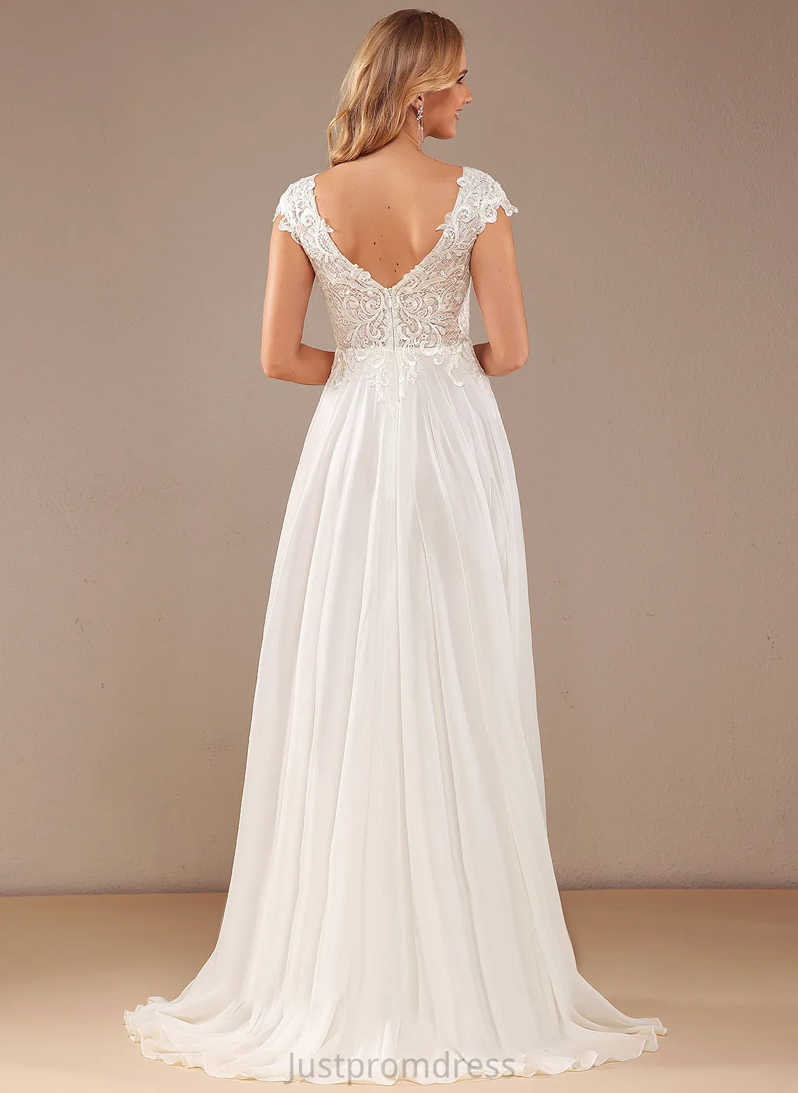 A-Line Wedding Dresses Dress Lace V-neck Chiffon Sweep Arielle Wedding Lace With Train