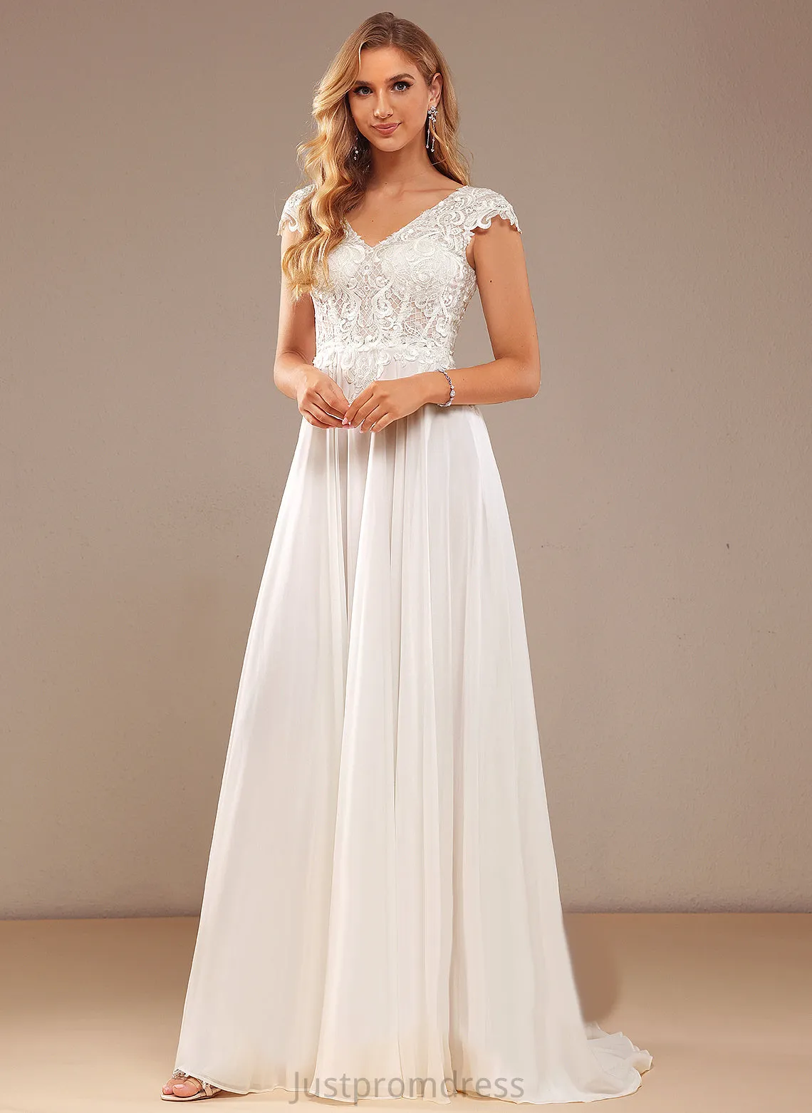 A-Line Wedding Dresses Dress Lace V-neck Chiffon Sweep Arielle Wedding Lace With Train