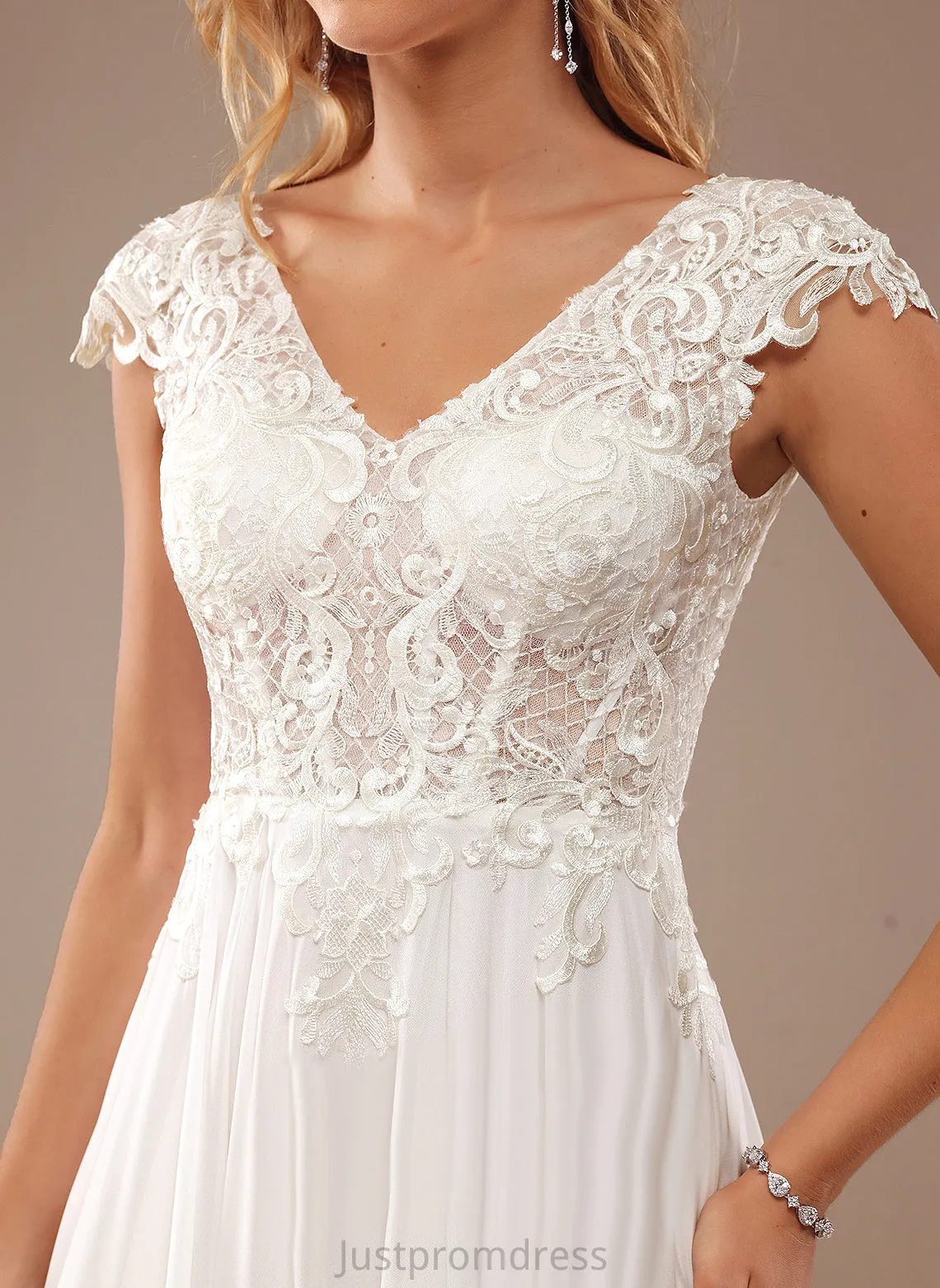 A-Line Wedding Dresses Dress Lace V-neck Chiffon Sweep Arielle Wedding Lace With Train