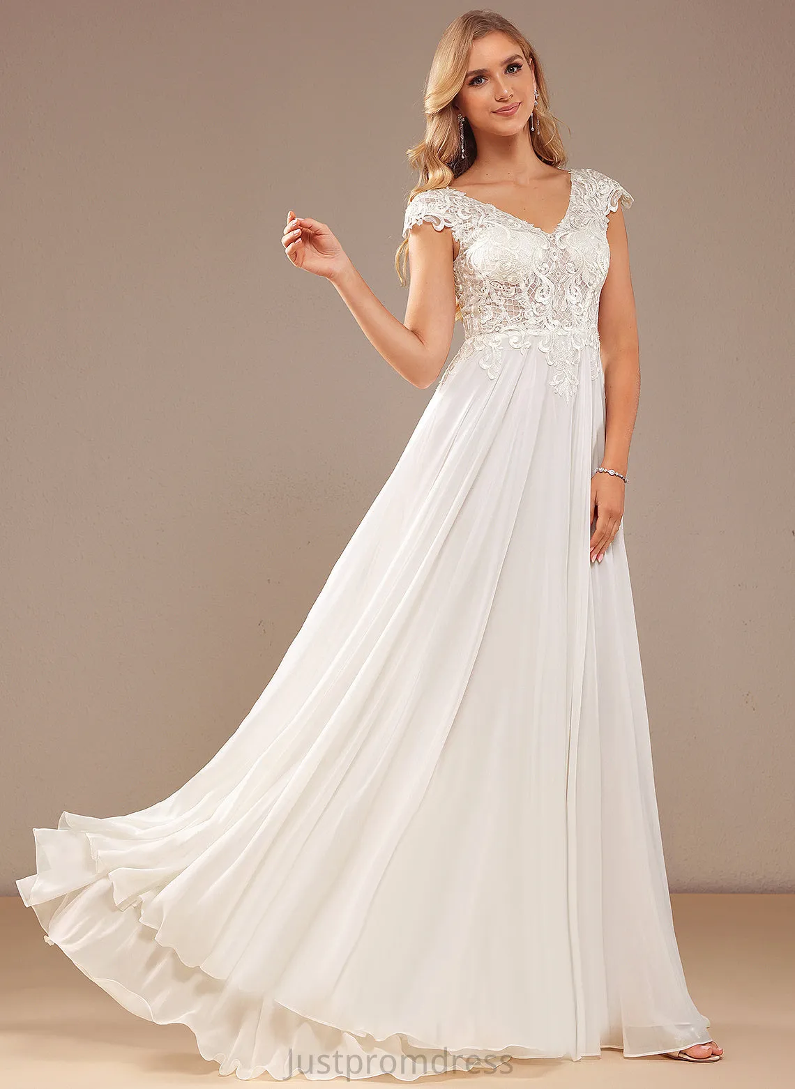 A-Line Wedding Dresses Dress Lace V-neck Chiffon Sweep Arielle Wedding Lace With Train