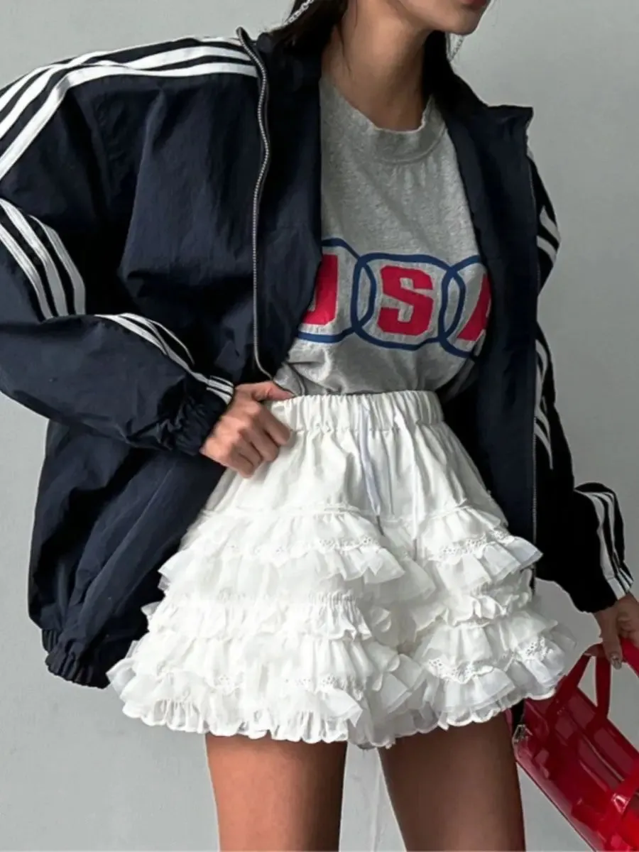 Aiertu Korean Style Summer New Academy Style White Cake Shorts Lace Sweet Cool Girl High Waist Slimming Fluffy Short Skirts for Women