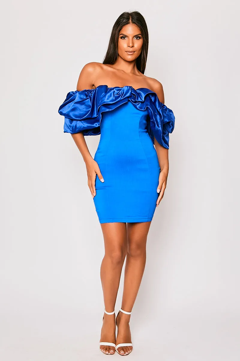 Alexandria - Royal Blue Satin Bardot Frill Mini Dress