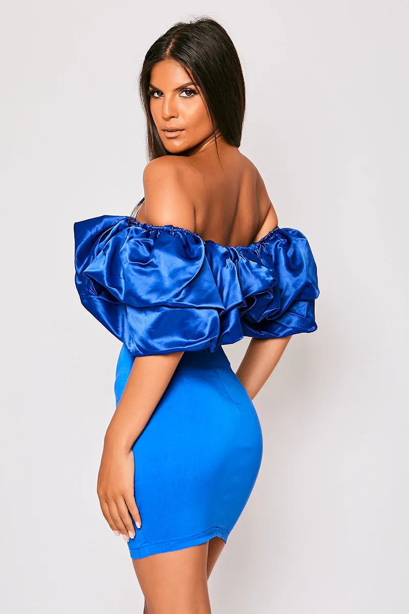 Alexandria - Royal Blue Satin Bardot Frill Mini Dress