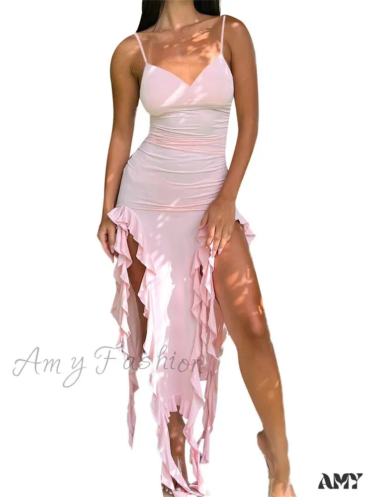 Amy Fashion - Women Sexy Ruffle Hem Sleeveless Strap  Tassels Ruched Bodycon Party V-neck High Split Fairy Vestidos