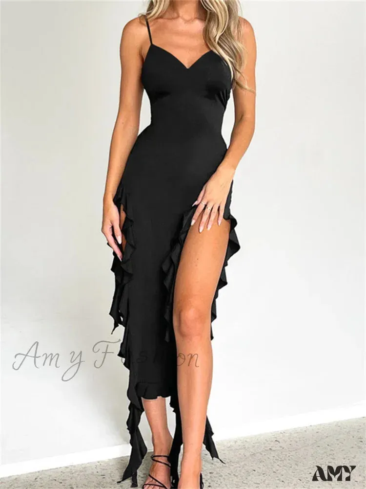 Amy Fashion - Women Sexy Ruffle Hem Sleeveless Strap  Tassels Ruched Bodycon Party V-neck High Split Fairy Vestidos
