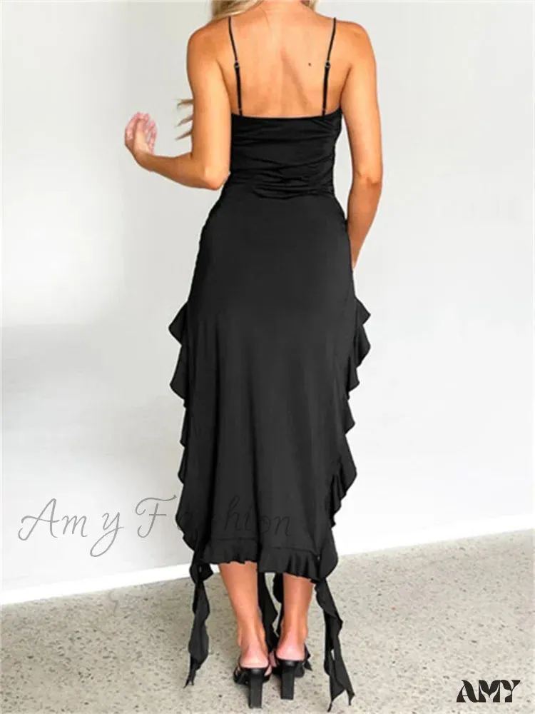 Amy Fashion - Women Sexy Ruffle Hem Sleeveless Strap  Tassels Ruched Bodycon Party V-neck High Split Fairy Vestidos