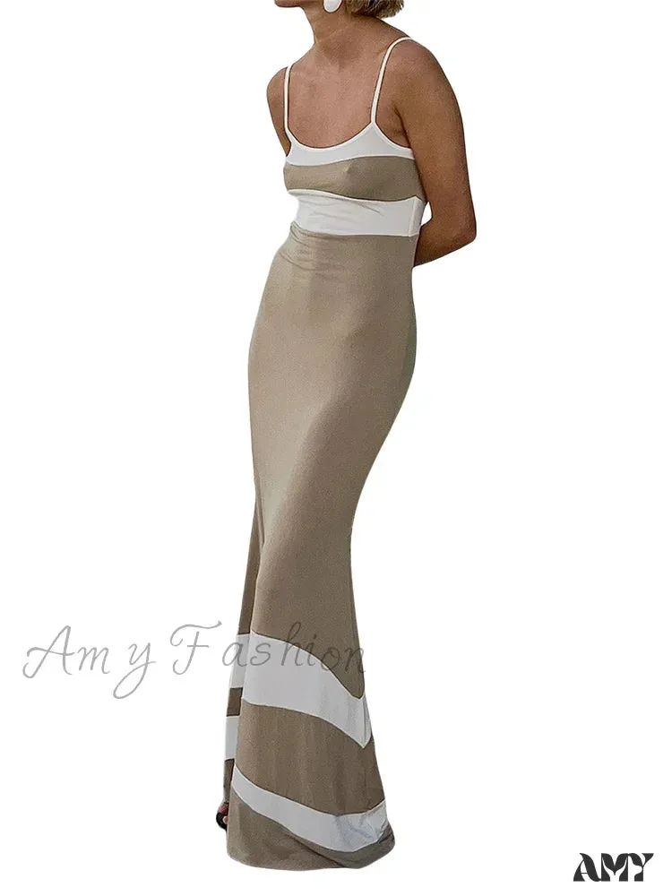 Amy Fashion - Women Sleeveless Contrast Color Patchwork Spaghetti Strap Skinny   Female Club Party Vestido