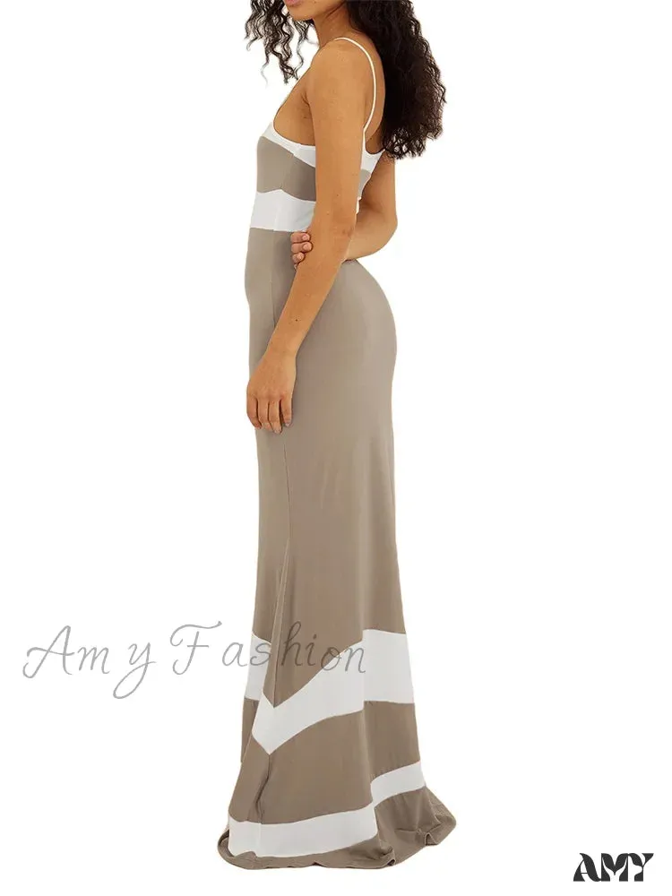 Amy Fashion - Women Sleeveless Contrast Color Patchwork Spaghetti Strap Skinny   Female Club Party Vestido