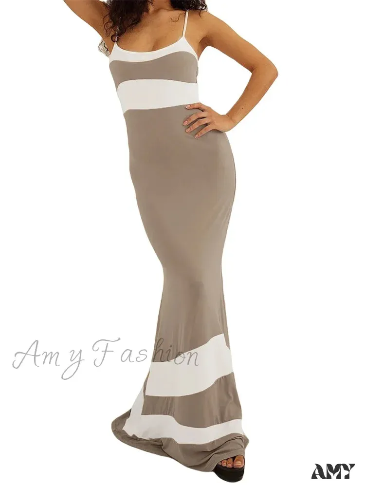 Amy Fashion - Women Sleeveless Contrast Color Patchwork Spaghetti Strap Skinny   Female Club Party Vestido