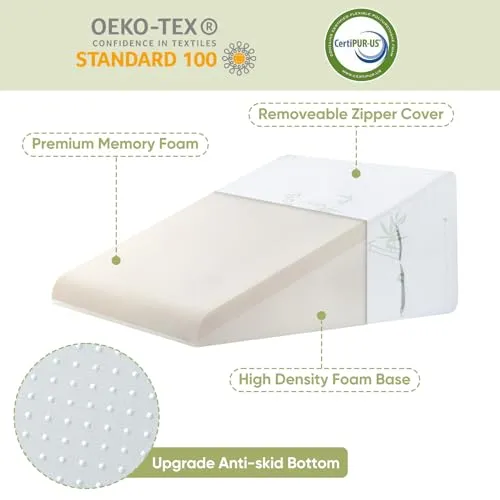 Bed Wedge Pillow with Memory Foam Top 12" Triangle Wedge Pillow for Sleeping Acid Reflux After Surgery Heartburn Snore Back Leg Knee Pain, Soft & Comfortable, Breathable & Durable Cover - Beige