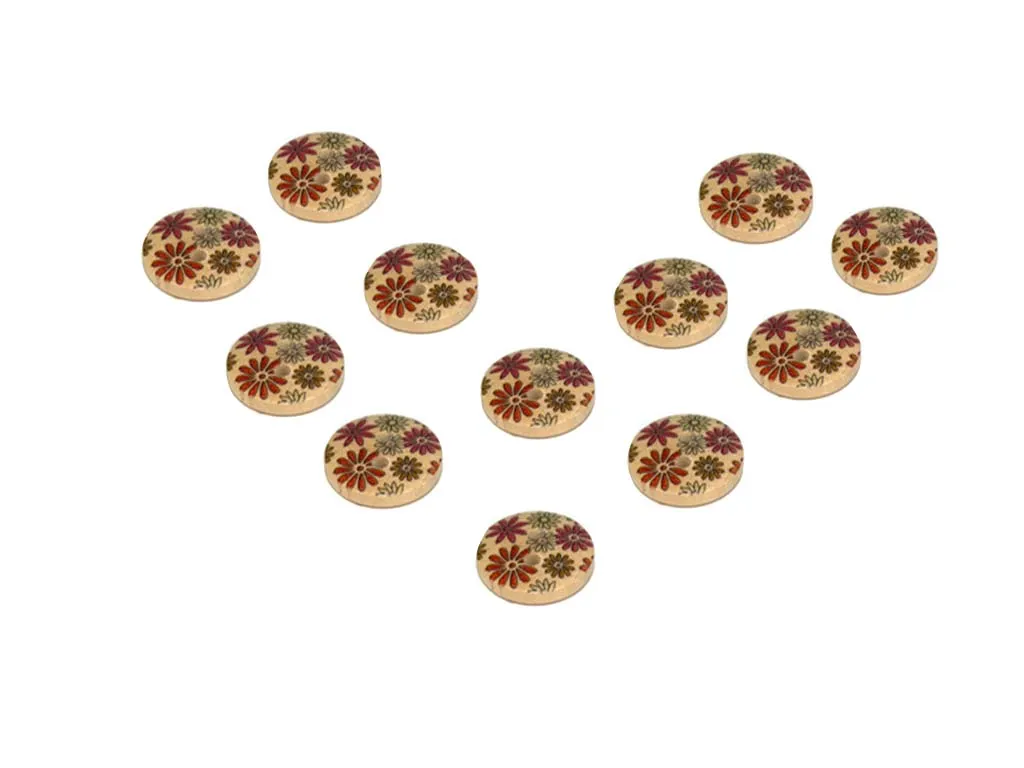 Beige Pink Orange Floral Printed 2 Hole Wooden Buttons