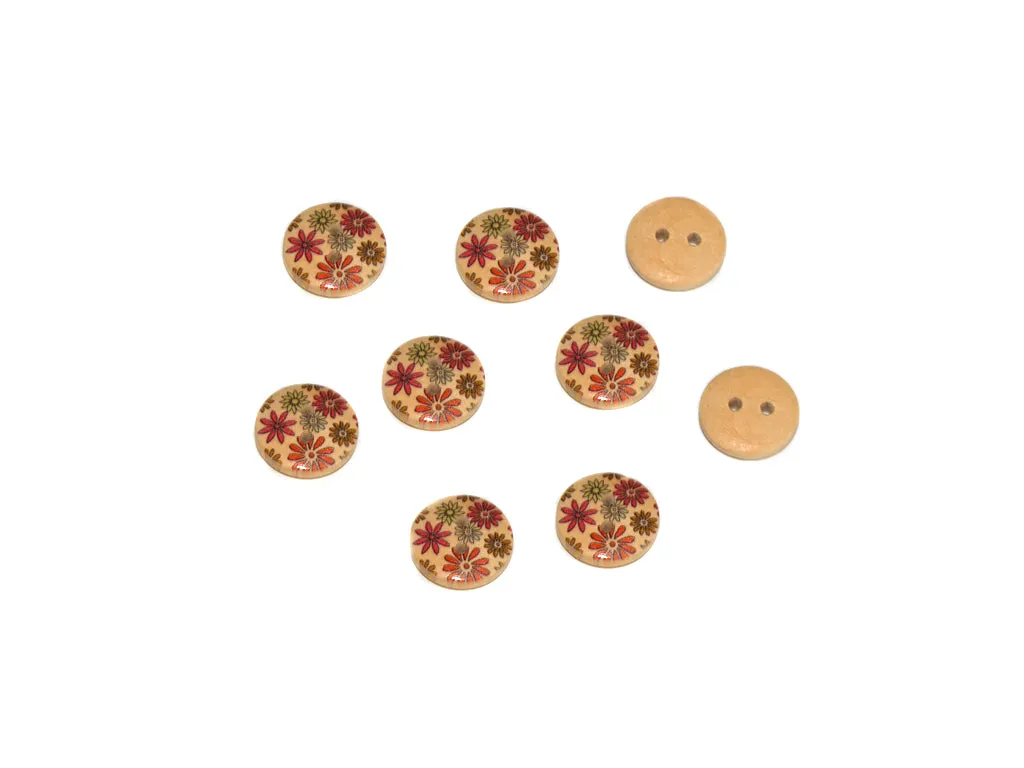 Beige Pink Orange Floral Printed 2 Hole Wooden Buttons