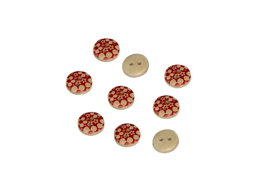Beige Red Floral Printed 2 Hole Wooden Buttons