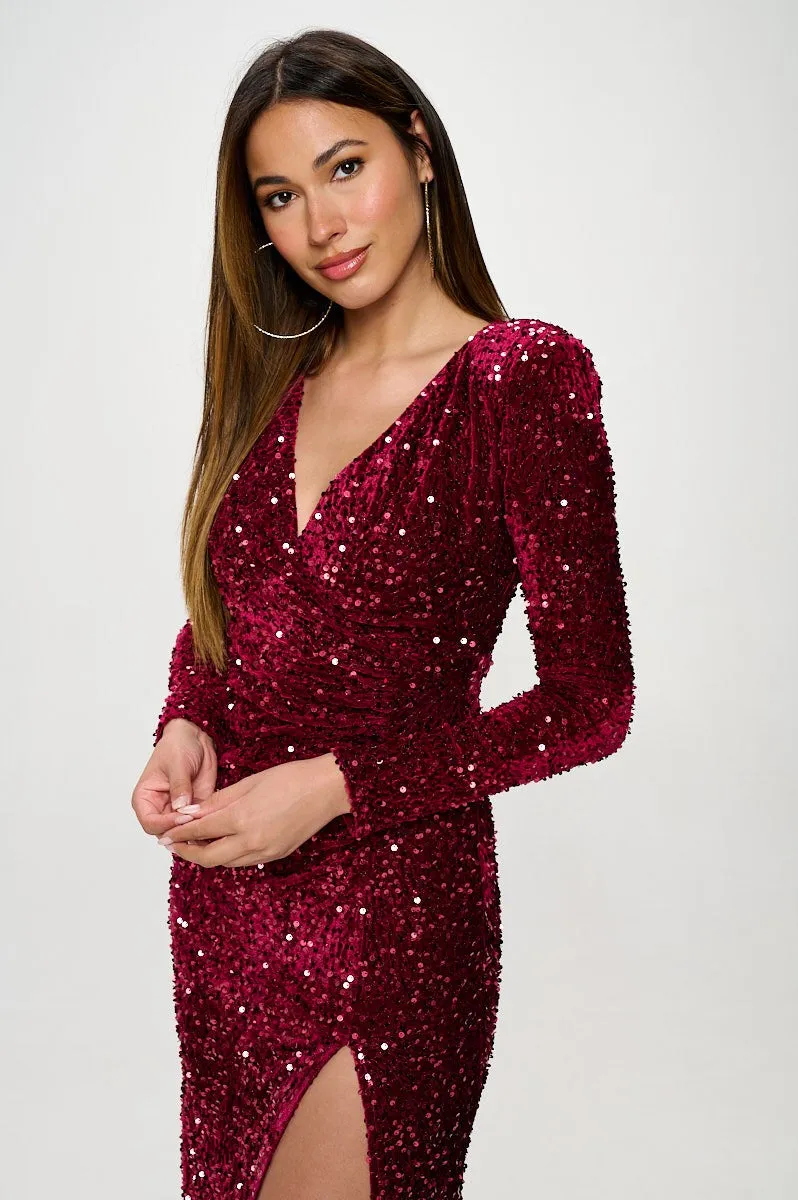 Berry Long Sleeve Velvet Sequin Maxi Dress