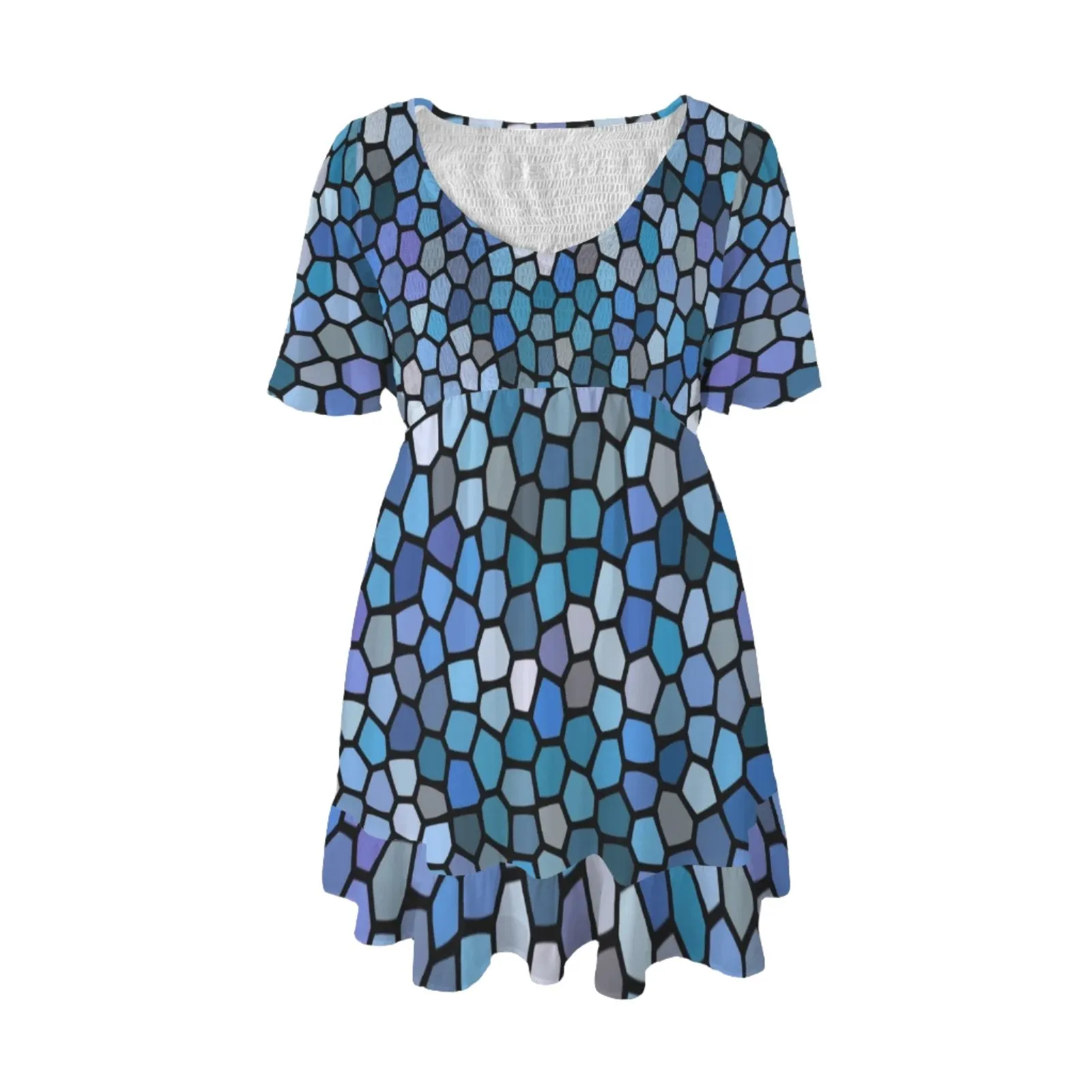 Black and Blue Stained Glass V Neck Flutter Sleeves Dress up to 5 XL (FWS)