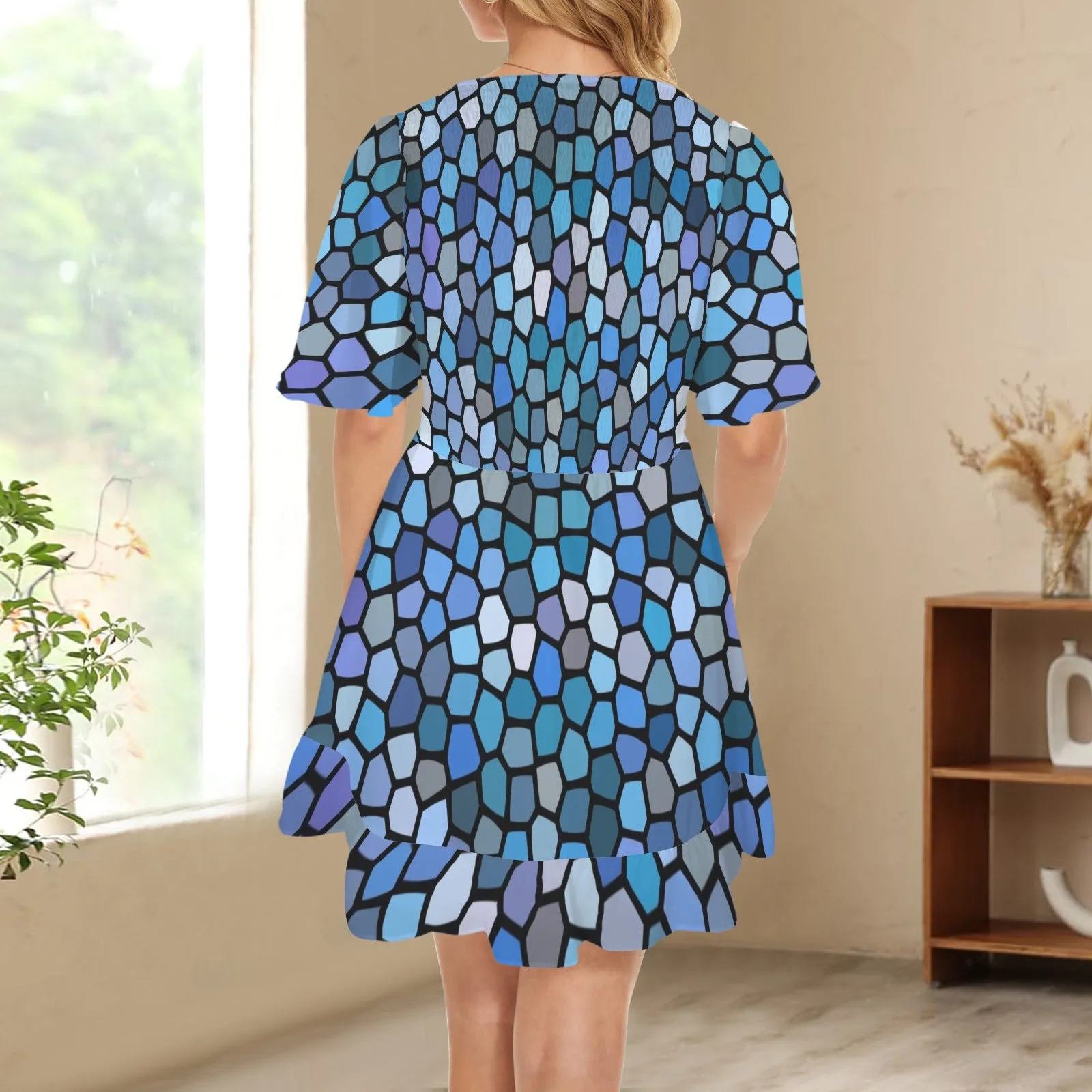 Black and Blue Stained Glass V Neck Flutter Sleeves Dress up to 5 XL (FWS)