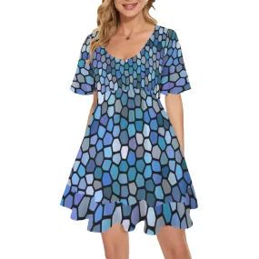 Black and Blue Stained Glass V Neck Flutter Sleeves Dress up to 5 XL (FWS)