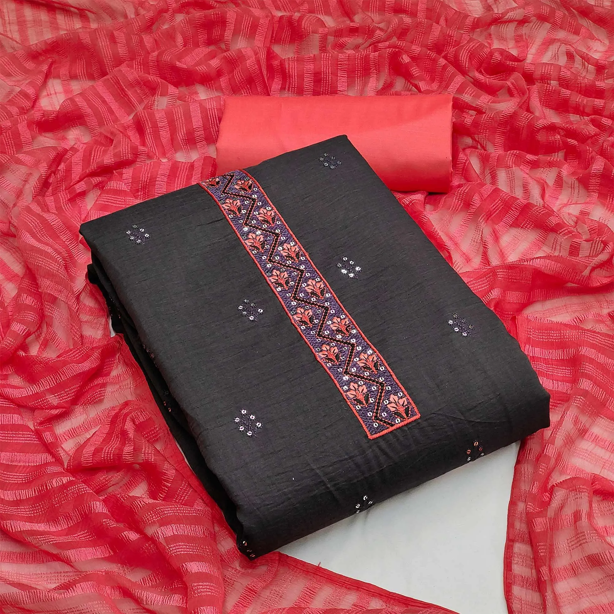 Black Casual Wear Sequins Embroidered Chinon Silk Dress Material