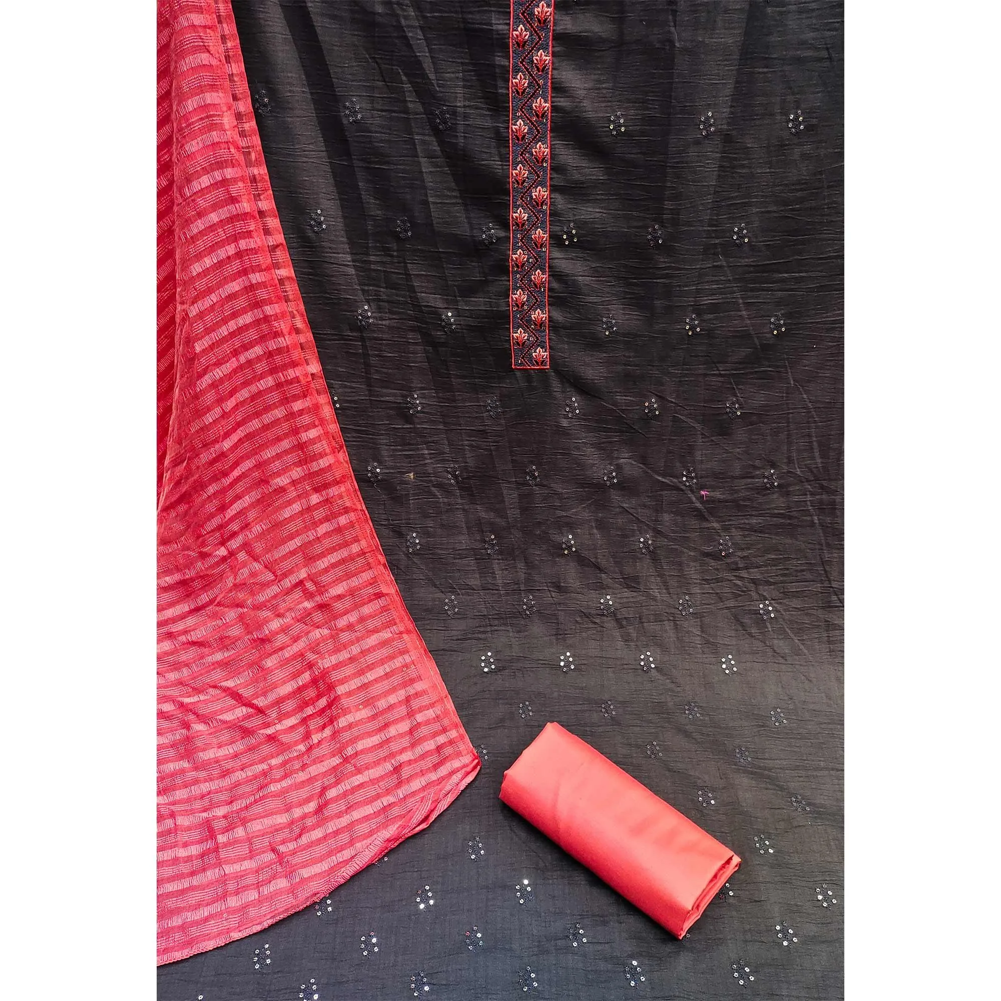 Black Casual Wear Sequins Embroidered Chinon Silk Dress Material