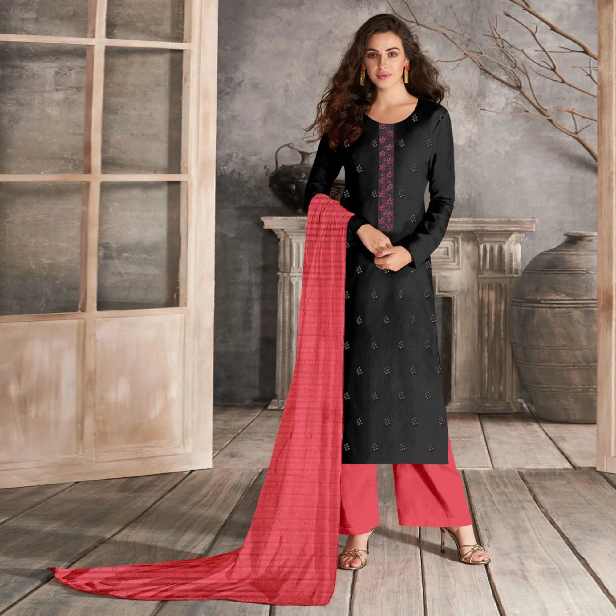 Black Casual Wear Sequins Embroidered Chinon Silk Dress Material