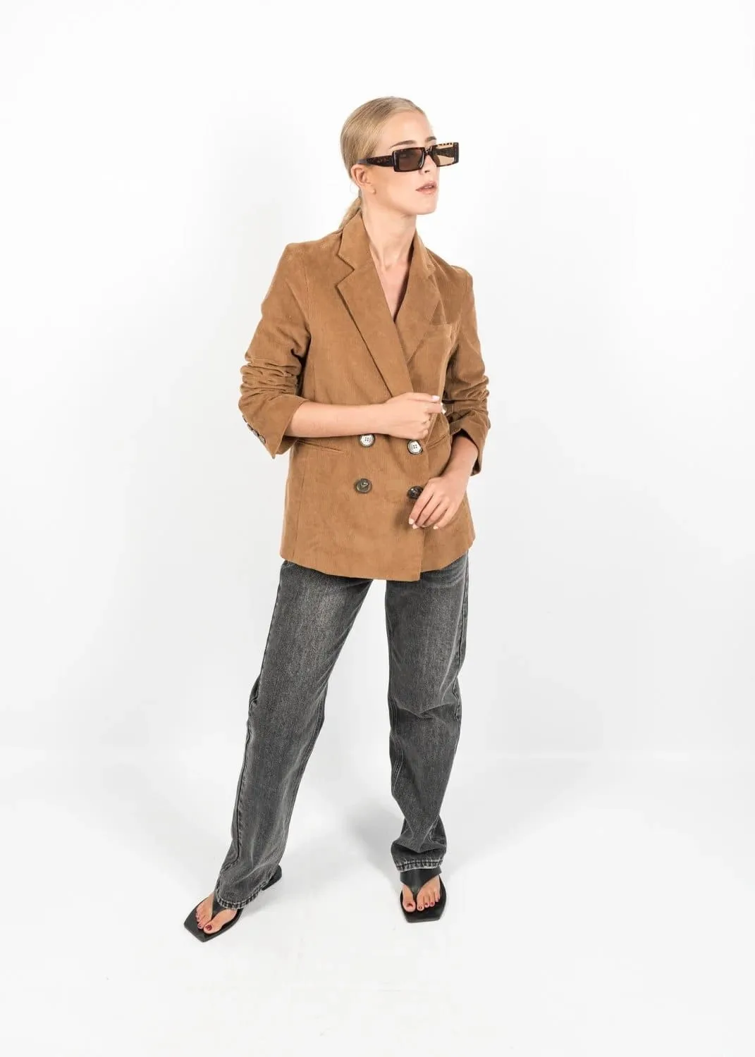 Brown Corduroy Jacket Blazer with Double-breasted Buttons by Linu