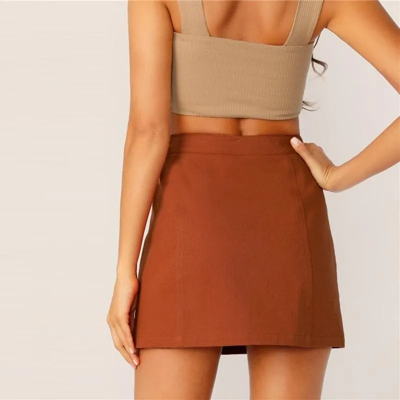 Button Front Skirt Korean Style Brown High Waist A Line Mini Skirt