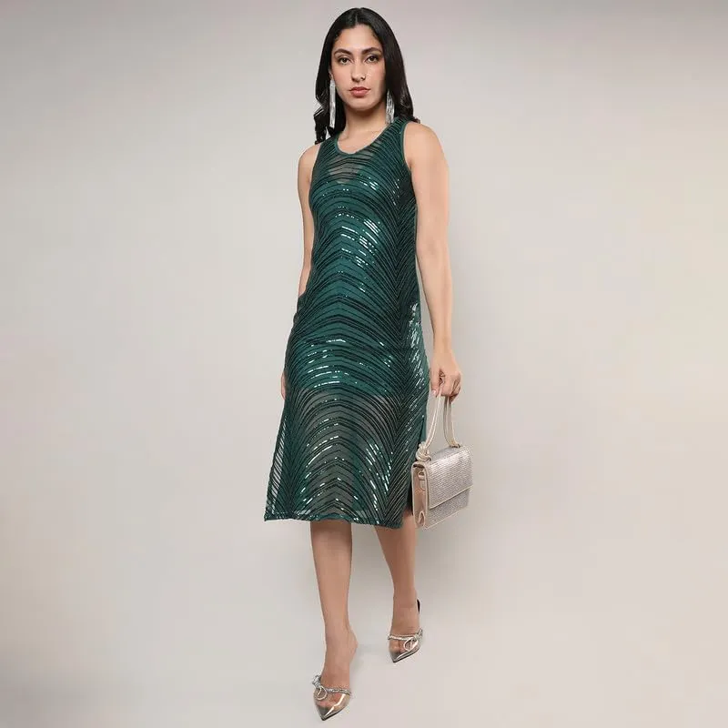 Campus Sutra Women's Forest Green Sequin Slit Dress for Casual Wear | Round Neck | Sleeveless | Zipper Closure | Dress Crafted with Comfort Fit for Everyday Wear