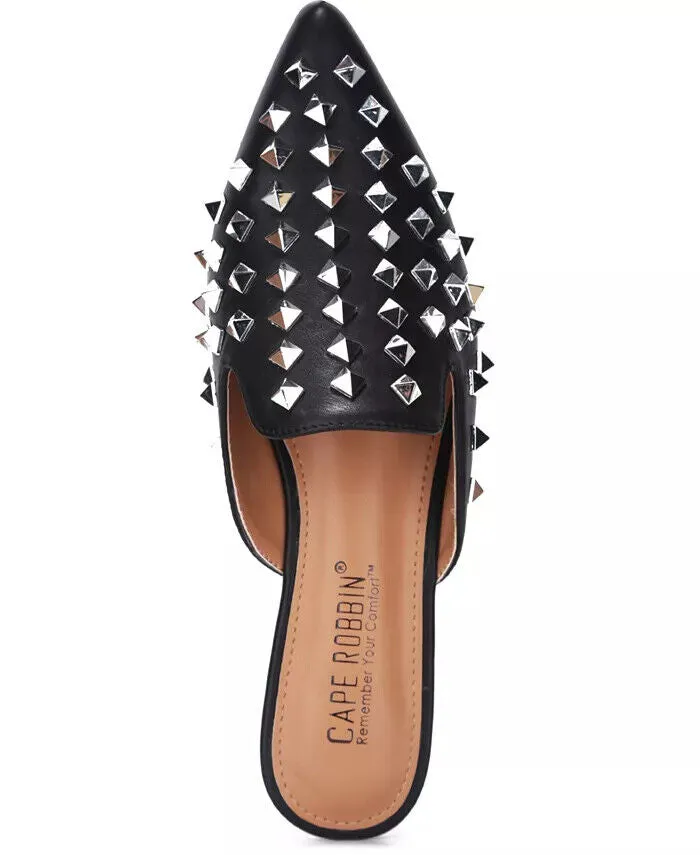 Cape Robbin Enny Slip On Flat Sandals Black pointed Toe Embellished Mule Slides