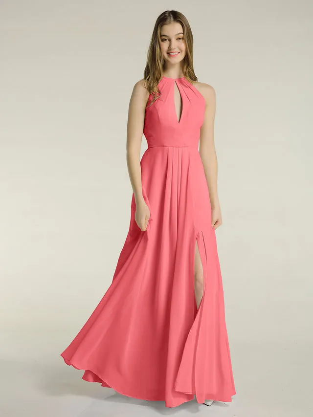 Chiffon Long Halter Dresses with Slit Clearance