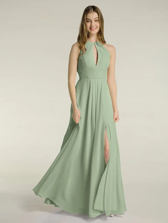 Chiffon Long Halter Dresses with Slit Clearance