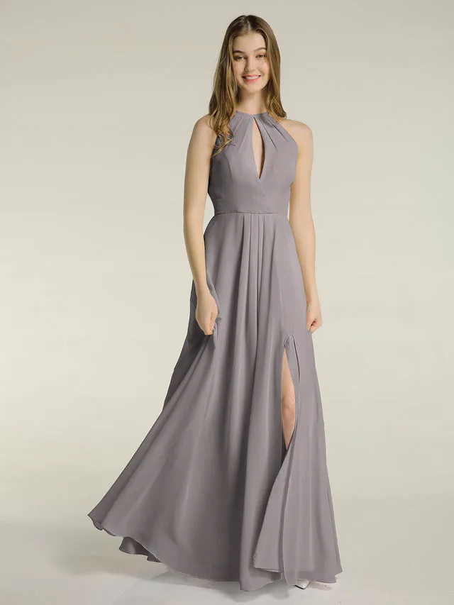 Chiffon Long Halter Dresses with Slit Clearance