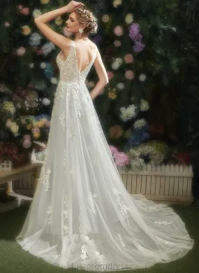 Court Wedding Dresses Danielle Lace Tulle V-neck A-Line Train Dress With Wedding