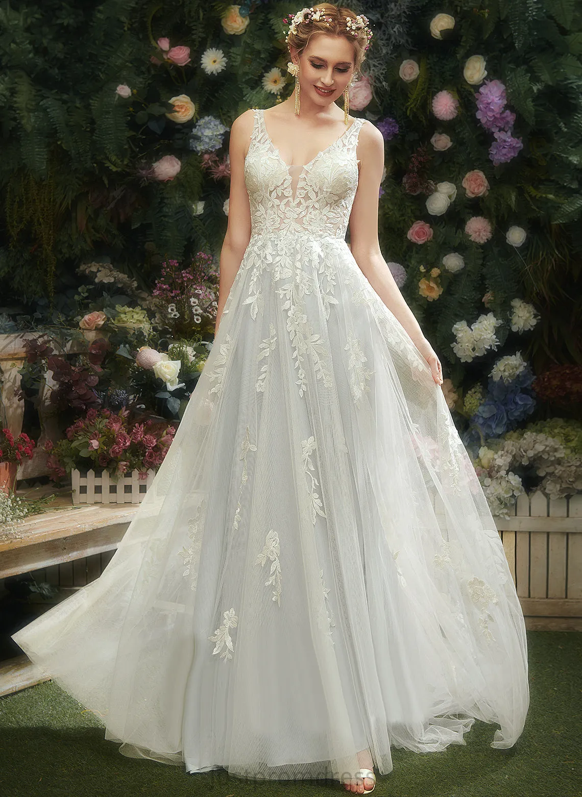 Court Wedding Dresses Danielle Lace Tulle V-neck A-Line Train Dress With Wedding