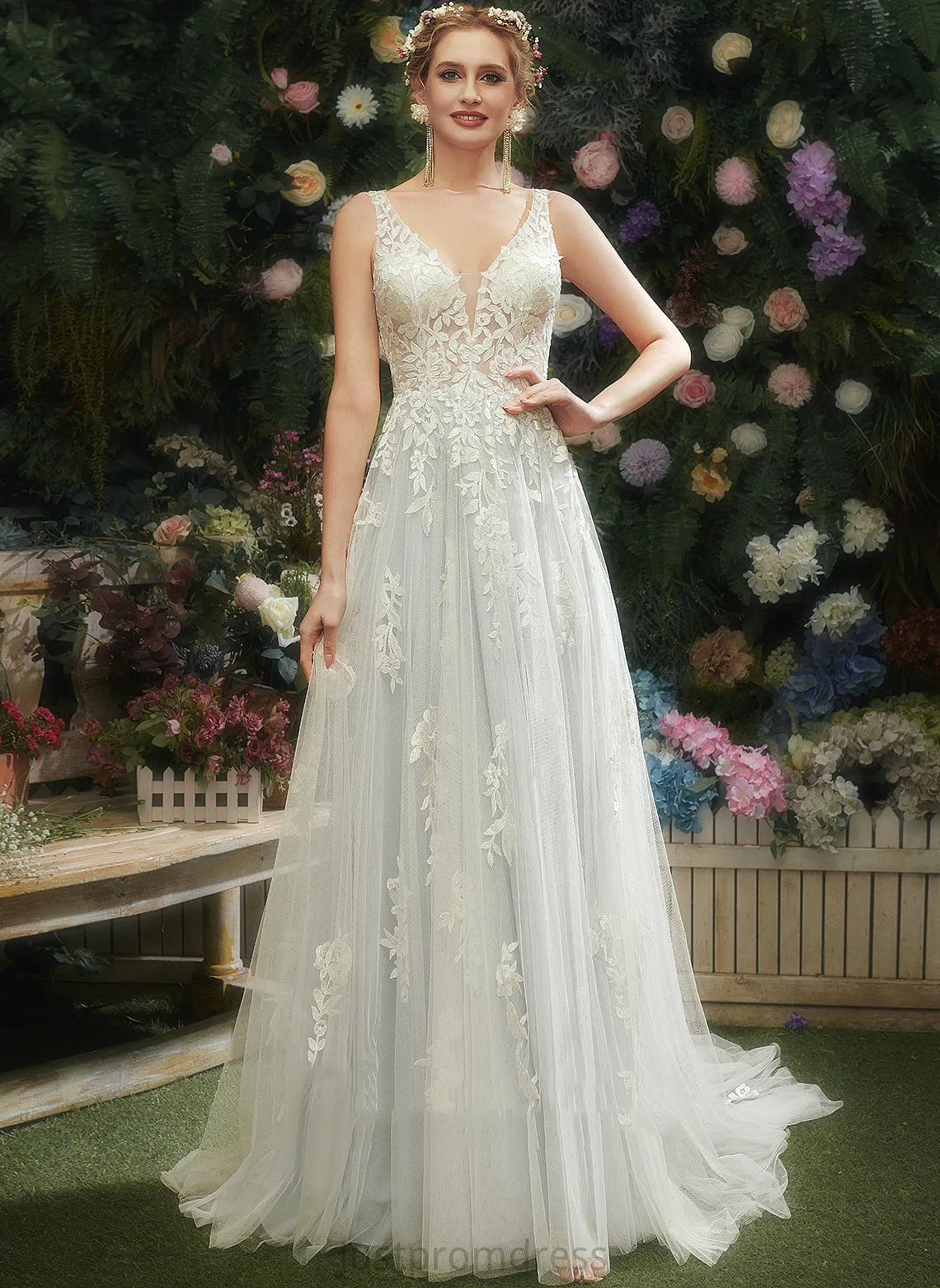 Court Wedding Dresses Danielle Lace Tulle V-neck A-Line Train Dress With Wedding