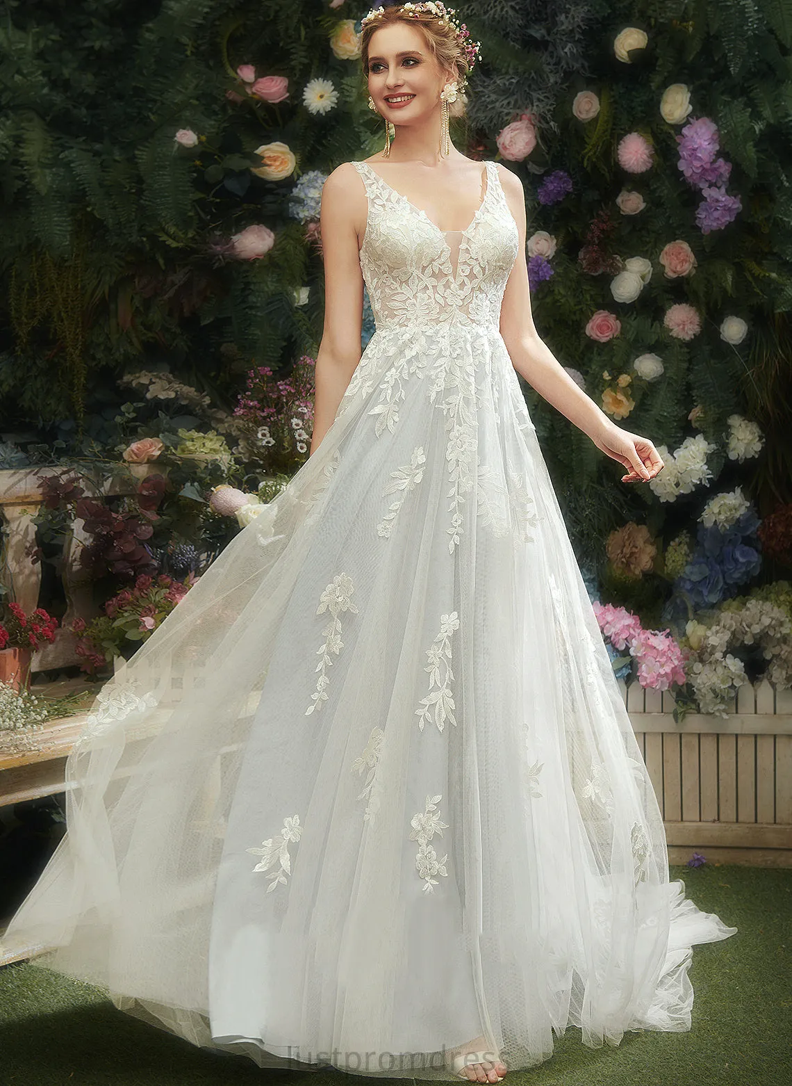 Court Wedding Dresses Danielle Lace Tulle V-neck A-Line Train Dress With Wedding