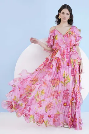 Dark Pink Cascade Long Dress