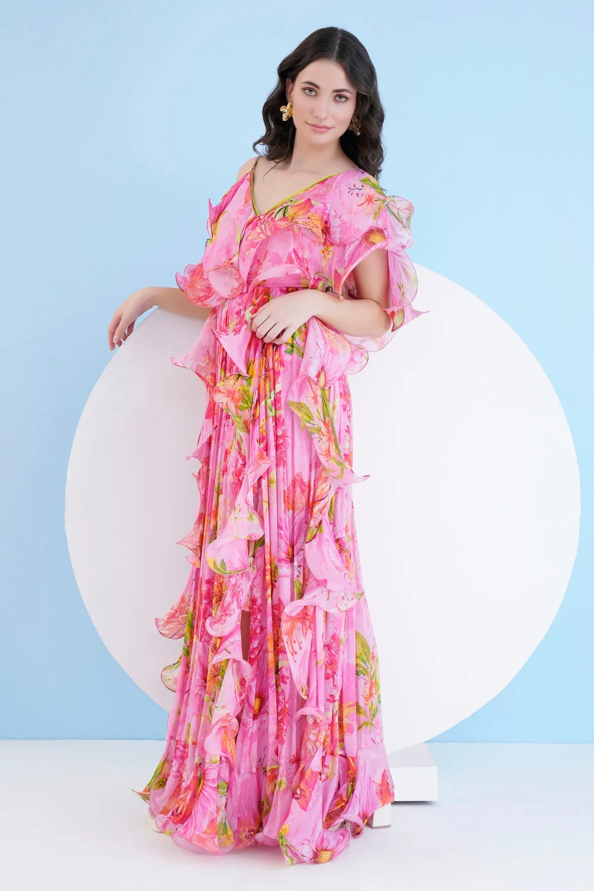 Dark Pink Cascade Long Dress