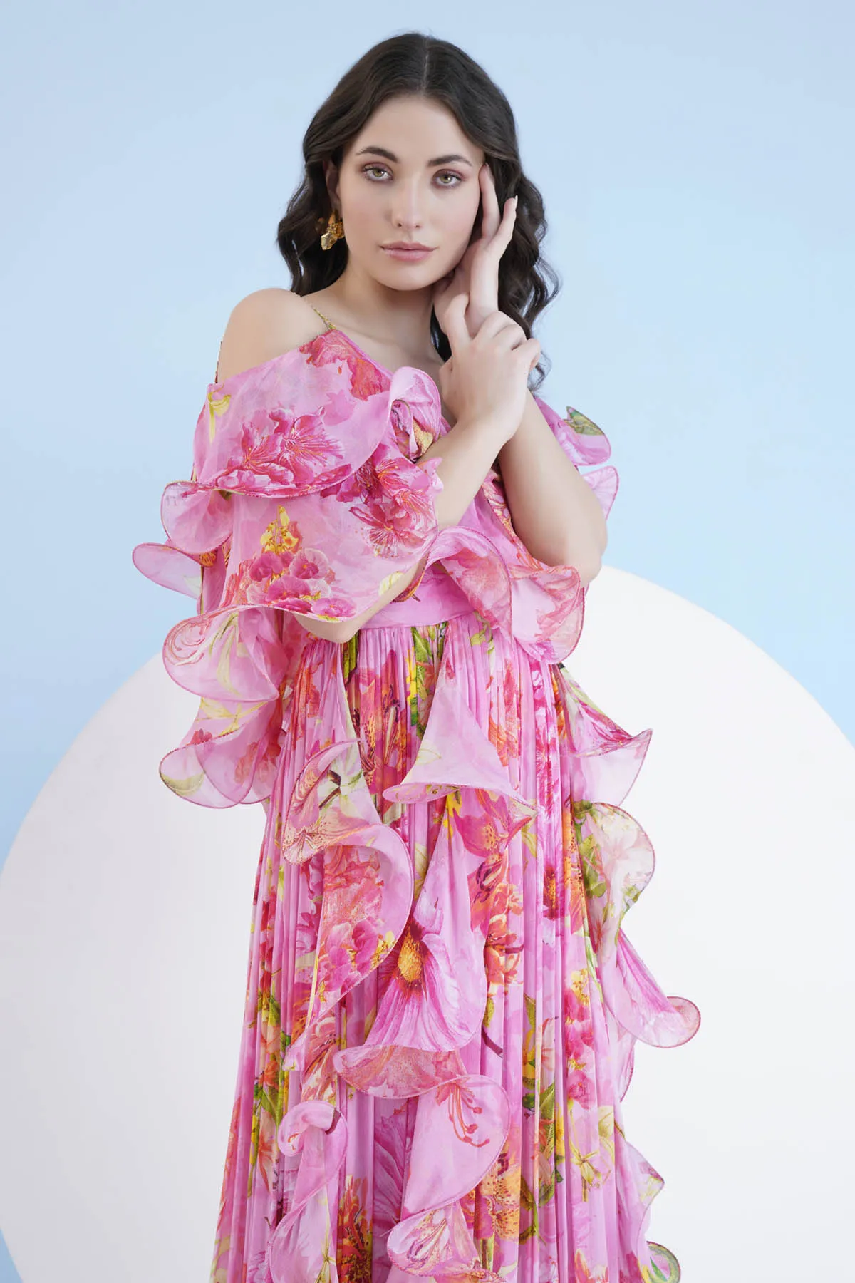 Dark Pink Cascade Long Dress