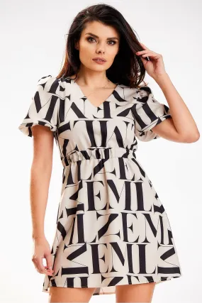 Elegant Beige Crepe Mini Dress with Heart Neckline and Elastic Waist - Daydress Awama