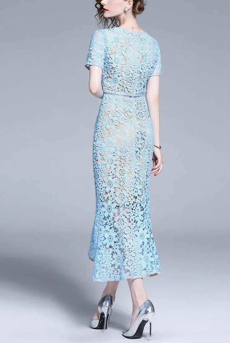 Elegant Blue Lace Fishtail Bodycon Dress