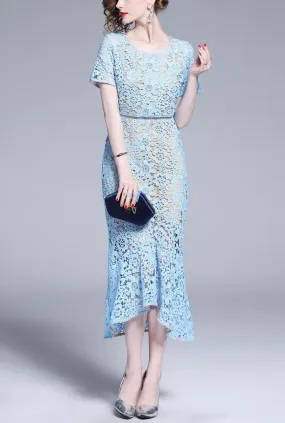Elegant Blue Lace Fishtail Bodycon Dress