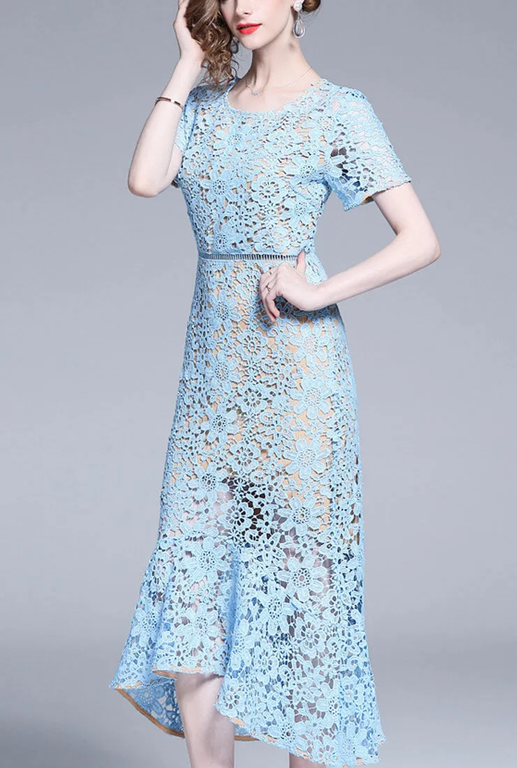 Elegant Blue Lace Fishtail Bodycon Dress