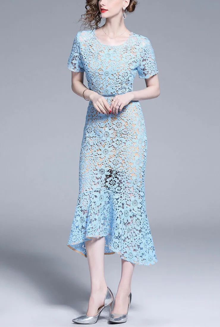 Elegant Blue Lace Fishtail Bodycon Dress