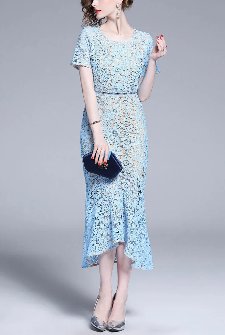 Elegant Blue Lace Fishtail Bodycon Dress