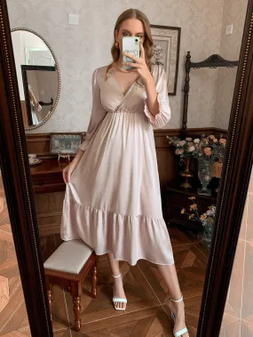 Elegant Plain Ruffle Hem Three Quarter Length Sleeve Deep V Neck Flounce High Waist Midi Dress