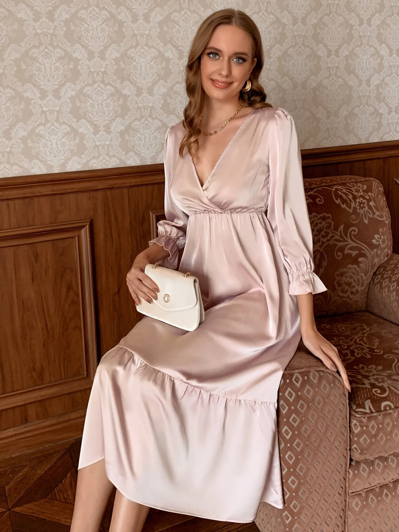 Elegant Plain Ruffle Hem Three Quarter Length Sleeve Deep V Neck Flounce High Waist Midi Dress