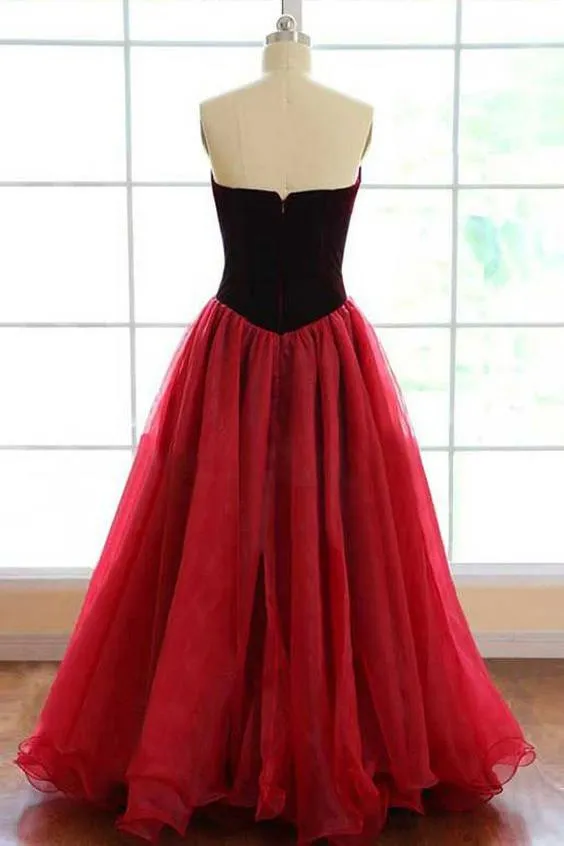 Elegant Strapless A-line Long Burgundy Tulle Prom Dress A Line Evening Dress PFP0448