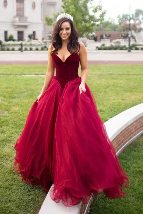 Elegant Strapless A-line Long Burgundy Tulle Prom Dress A Line Evening Dress PFP0448